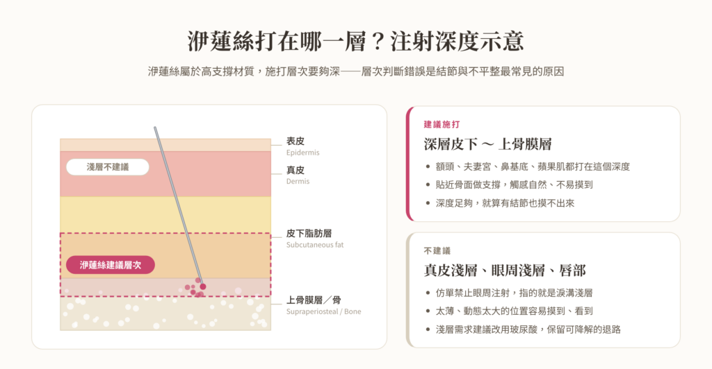 Ellanse injection depth diagram: recommended from deep subcutaneous to supraperiosteal layer; superficial dermis and superficial periocular area not recommended