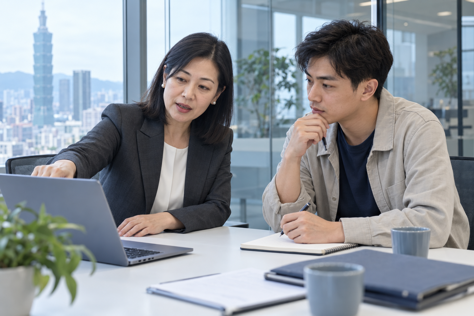 陳怡君會計師在會議室向年輕創業者說明公司設立的規劃