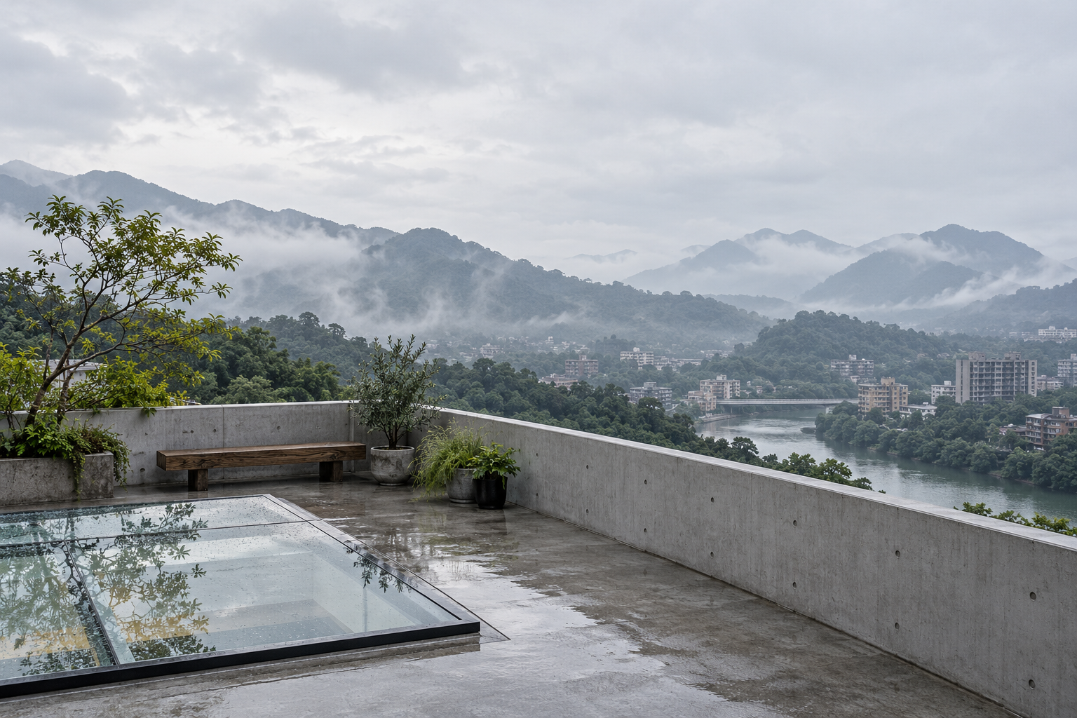 屋頂露台的玻璃天窗與清水模女兒牆,遠方是新店的山景