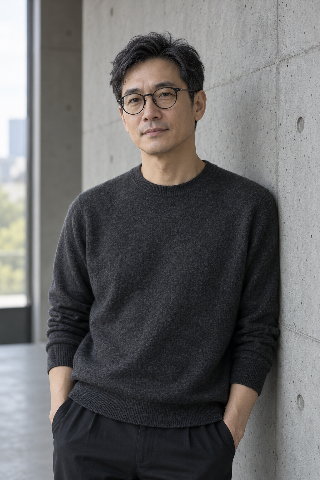 主持建築師周彥廷站在清水模牆邊的半身肖像