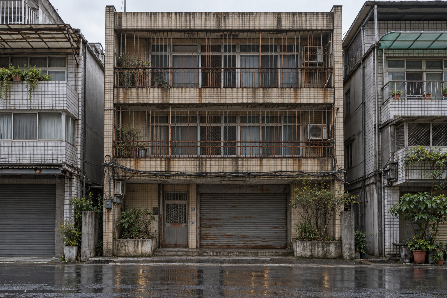 施工前的雨光之家正立面,磁磚外牆、鐵窗與鐵捲門,與完工後同一角度拍攝