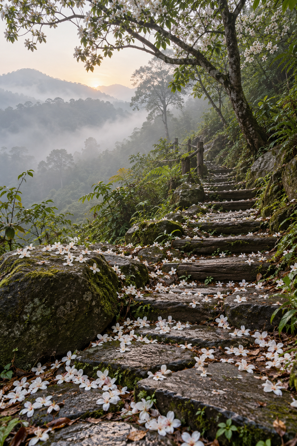 春天山徑上散落在石階與苔蘚間的油桐花