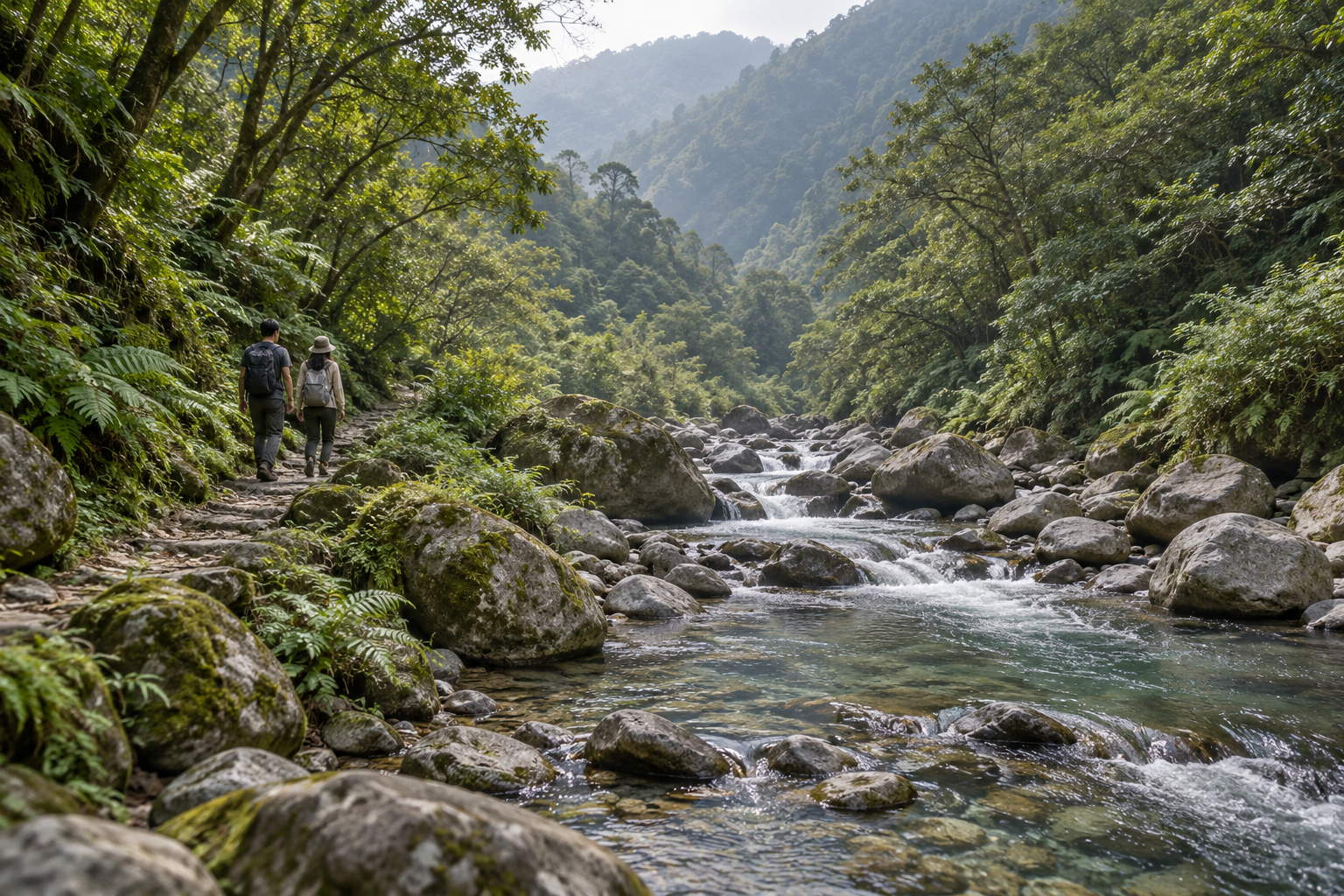 午後的山溪旁，一對旅人沿著石頭小徑慢慢走遠