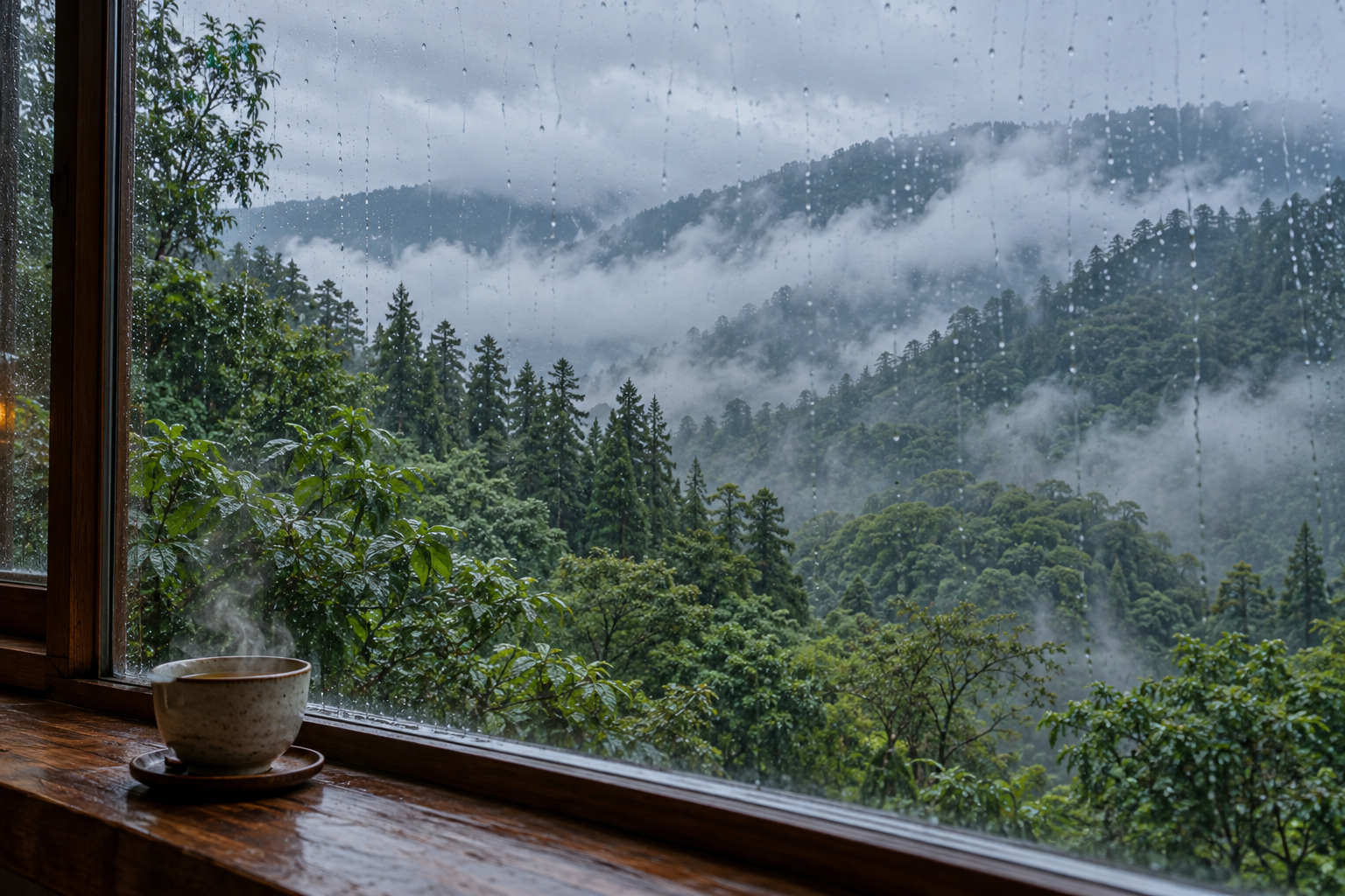 下雨天從交誼廳窗戶看出去的雨中柳杉山林