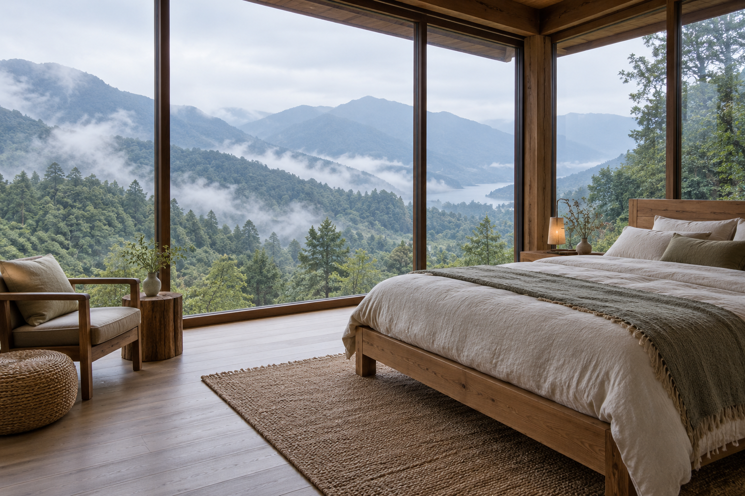 雲杉房的木床、扶手椅與窗外的杉林遠山