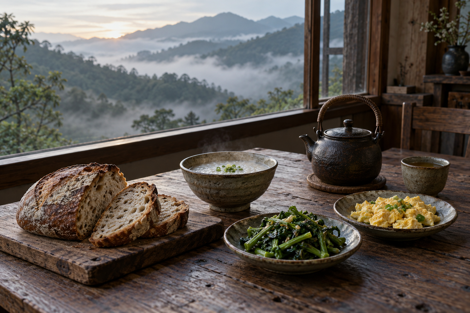 窗邊木桌上的手作麵包、清粥、山蔬和一壺烏龍茶，窗外是晨霧
