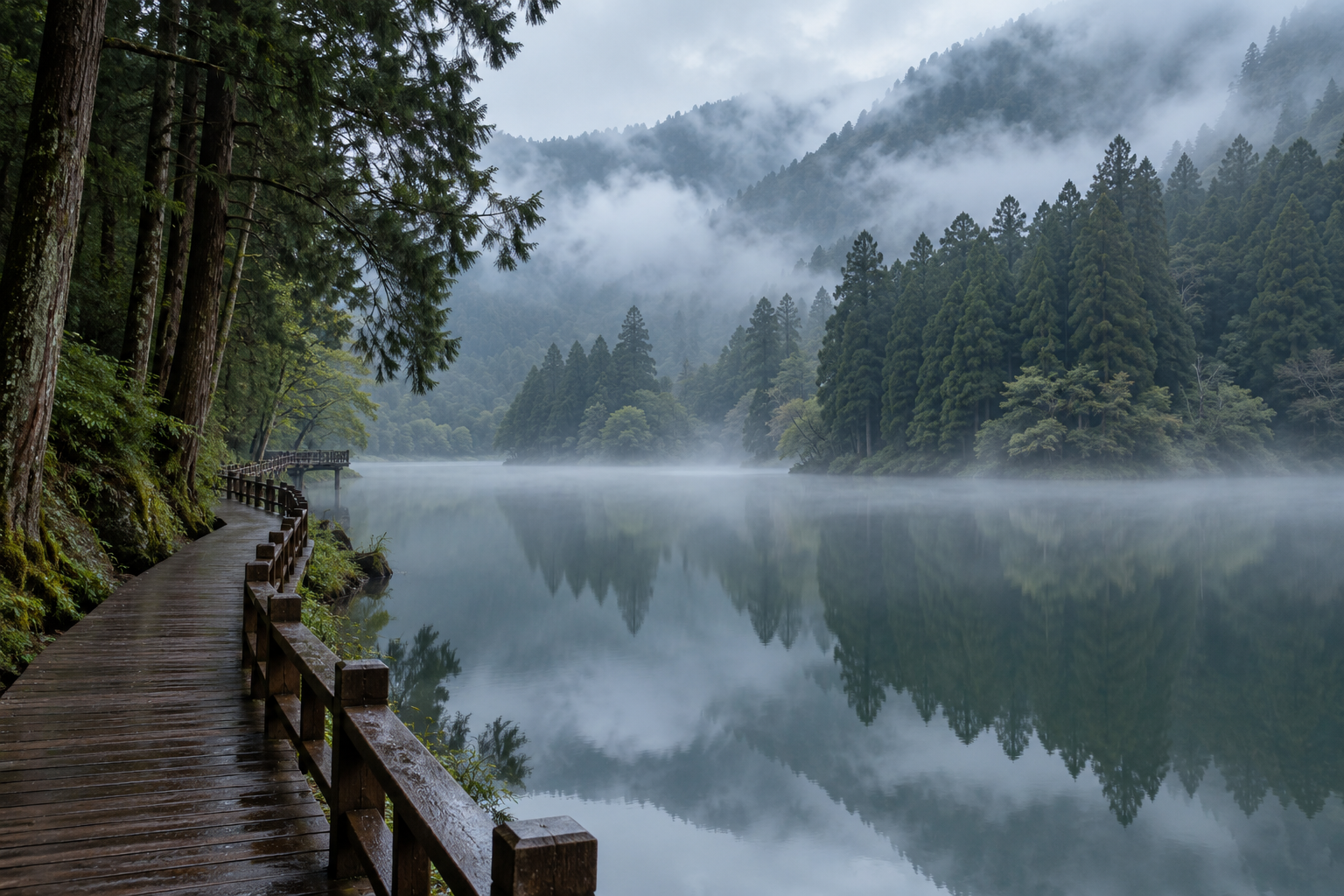 明池湖畔的木棧道與水面倒影
