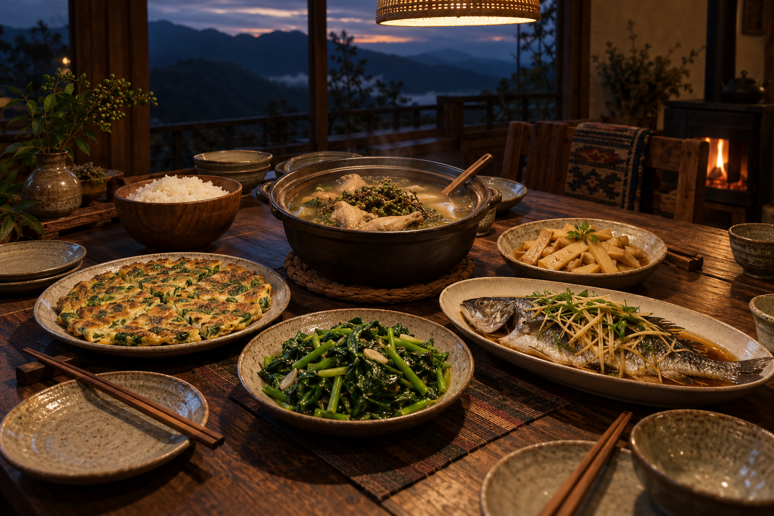 木桌上的晚餐合菜：馬告雞湯、蔥蛋、山蔬與清蒸溪魚