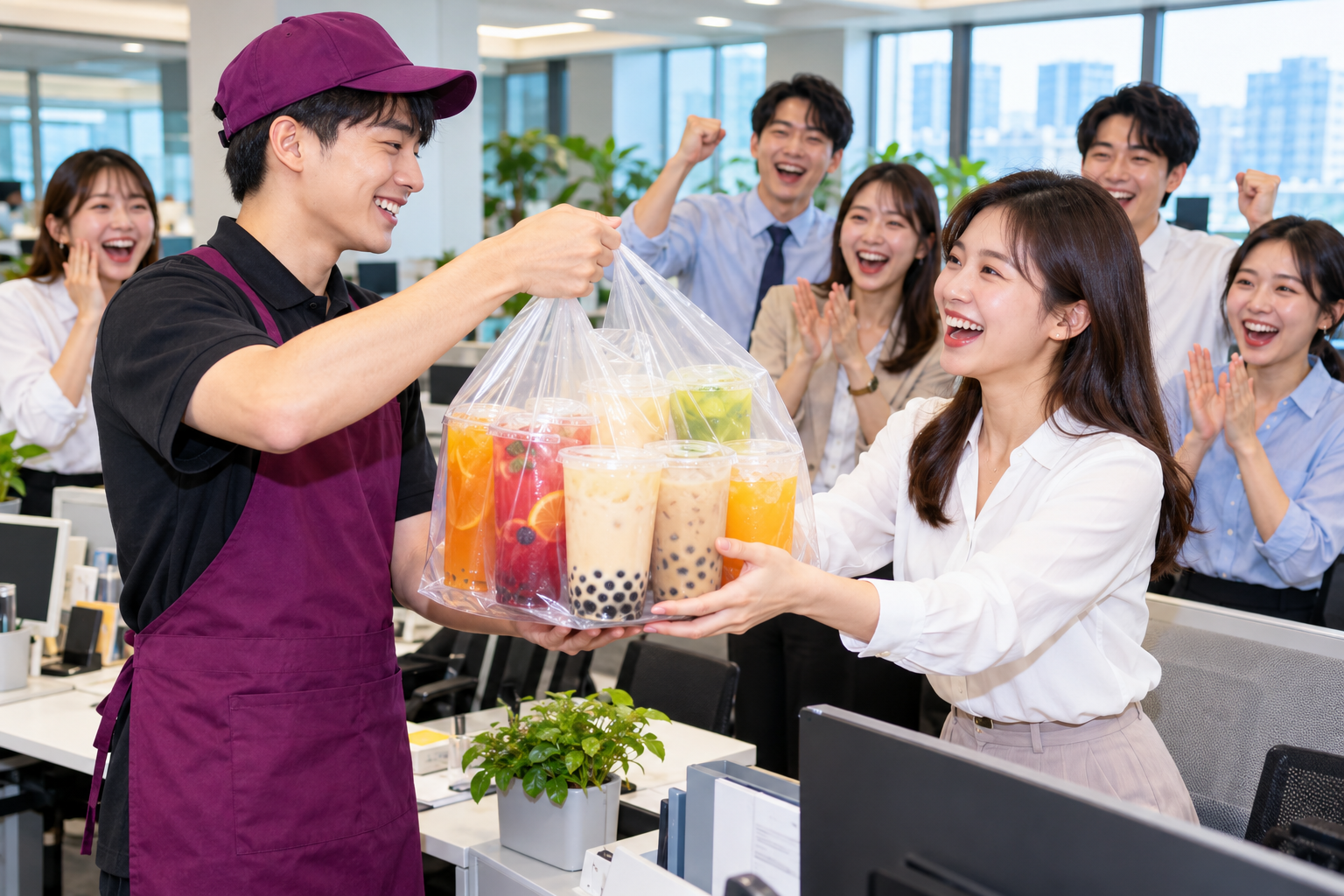 芒莓店員把整袋團購飲料送到辦公室,上班族開心接過