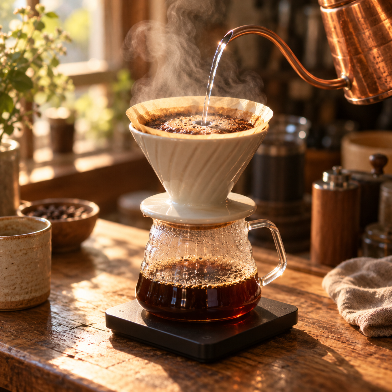 用陶瓷濾杯手沖咖啡，熱水從銅製細口壺注入