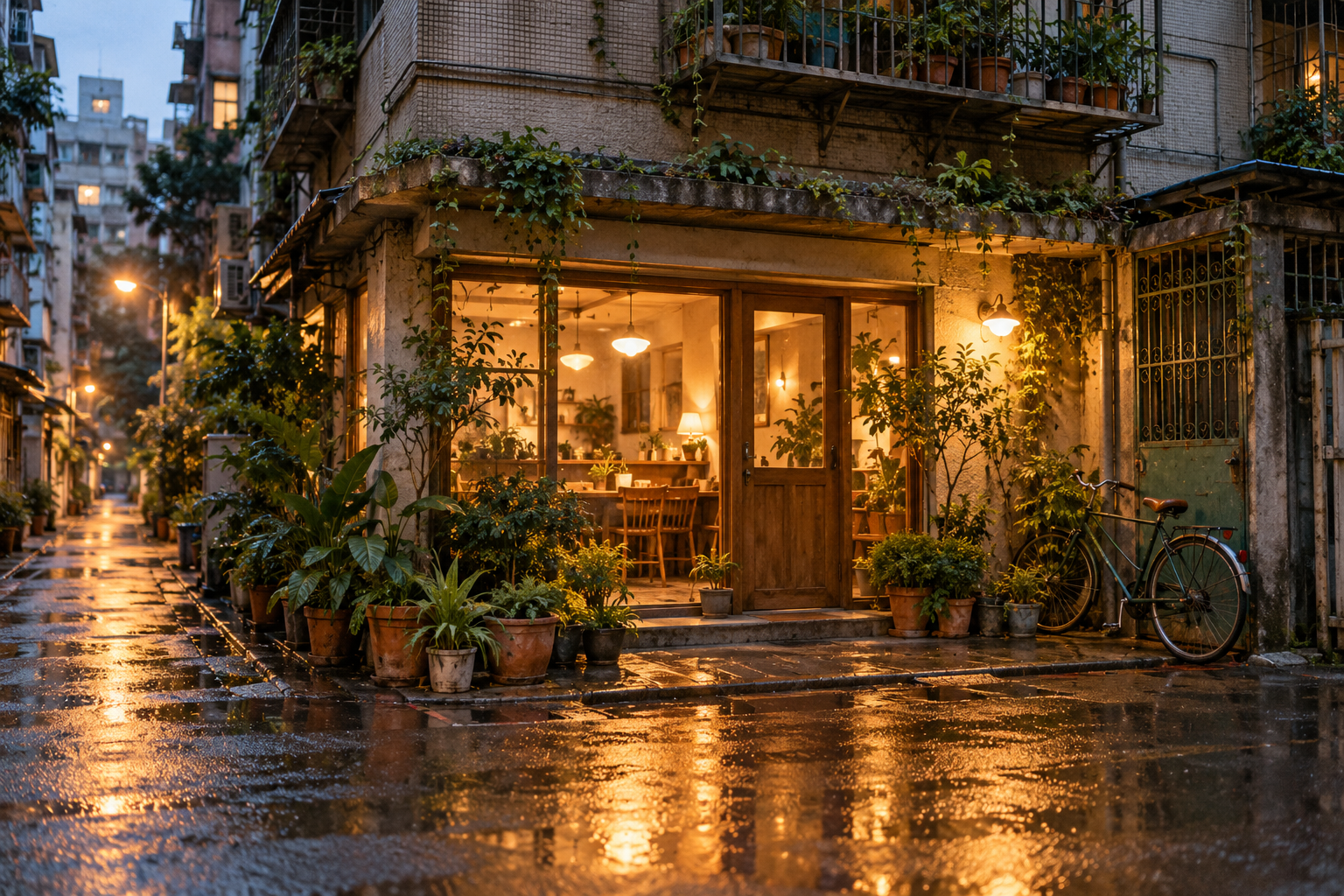 雨後傍晚的店門口，玻璃門透出暖黃燈光