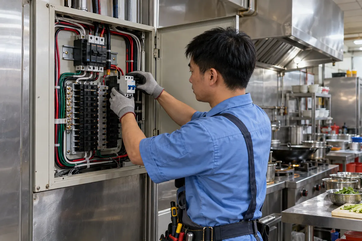 電工在小吃店廚房打開電箱，新增專用迴路斷路器