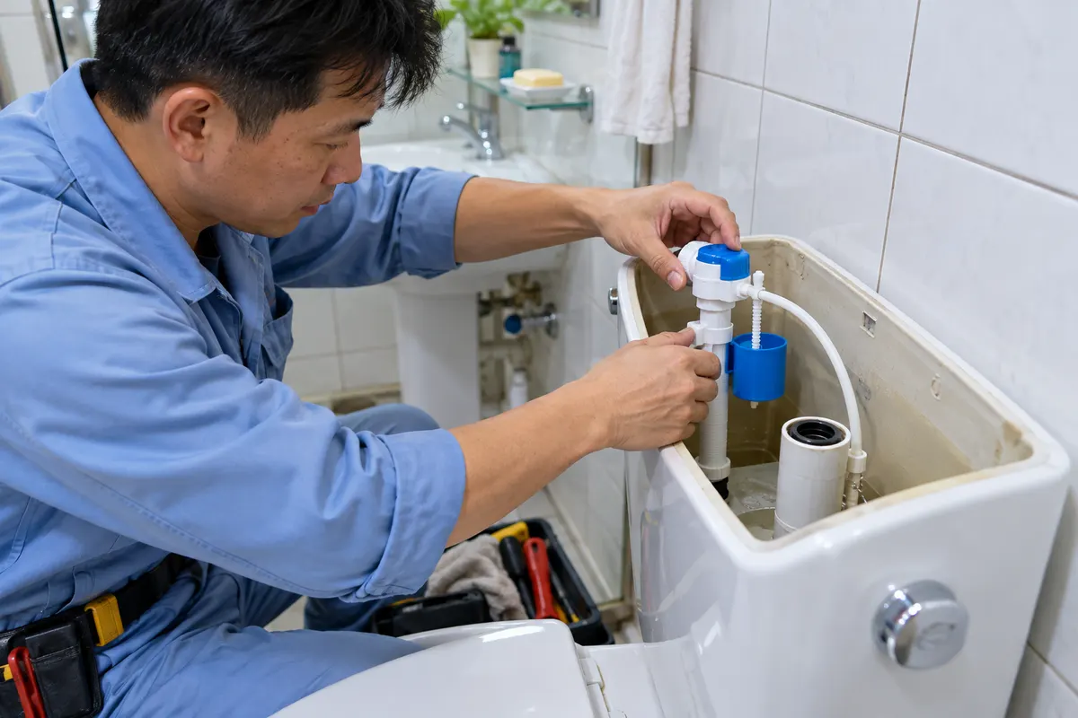師傅打開馬桶水箱，更換進水器