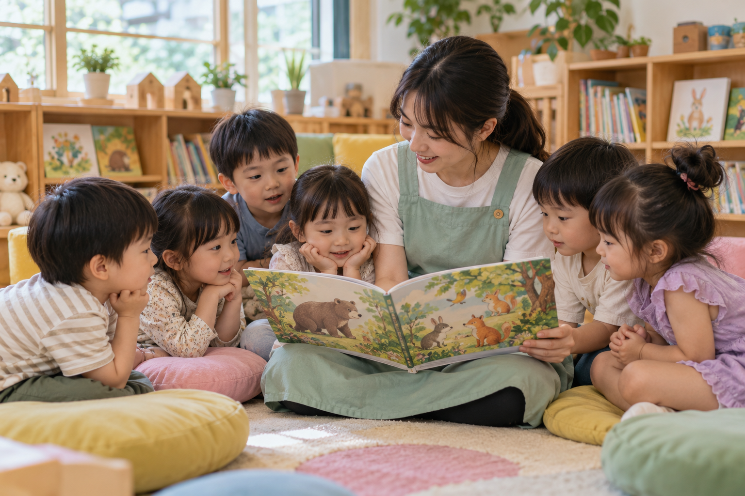 繪本共讀：老師坐在地上為圍成半圓的孩子讀繪本