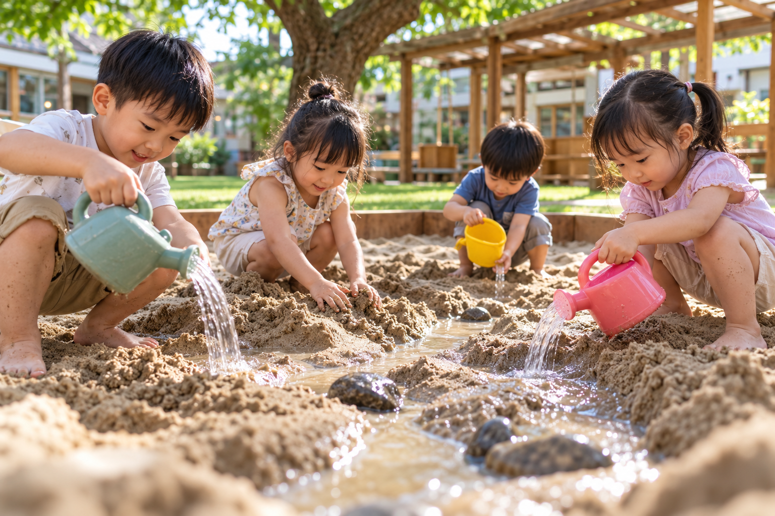沙坑：孩子們赤腳挖水道、用澆水壺倒水