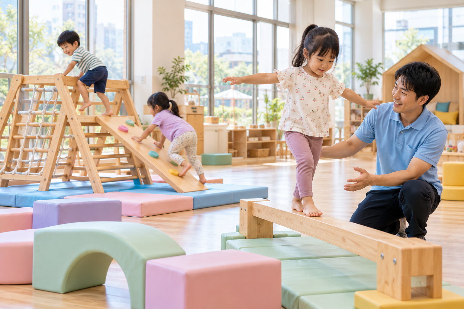 室內遊戲室：木地板上有攀爬架、平衡木與軟墊，黃柏翰老師在旁保護孩子