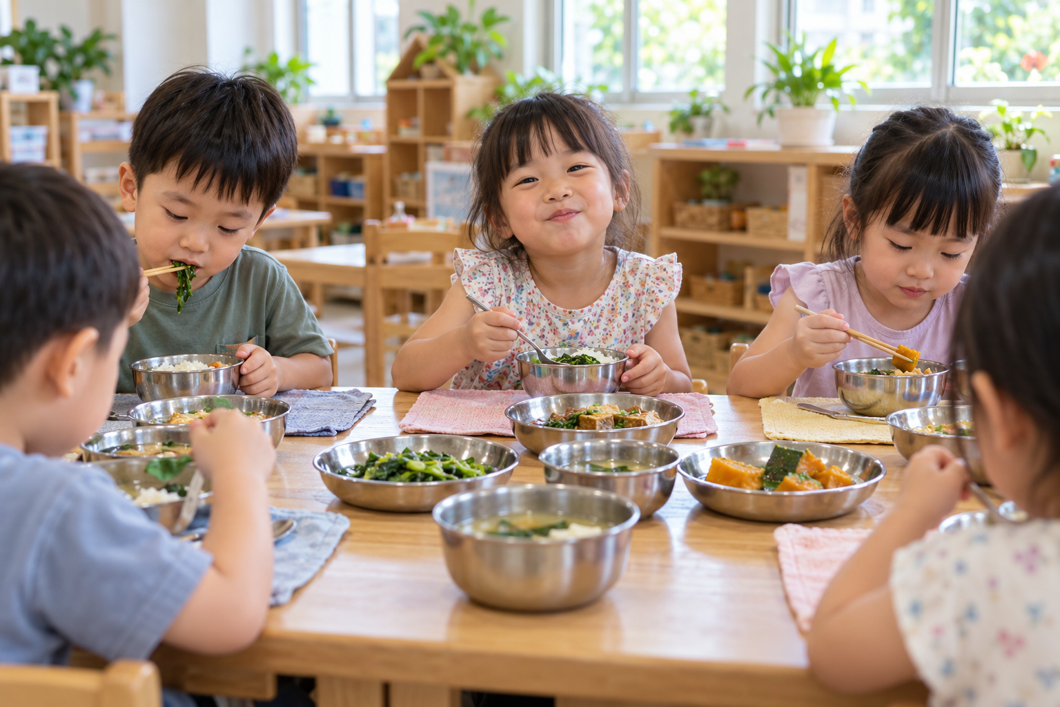 午餐時間：孩子們在教室用鋼碗吃園內廚房現煮的飯菜