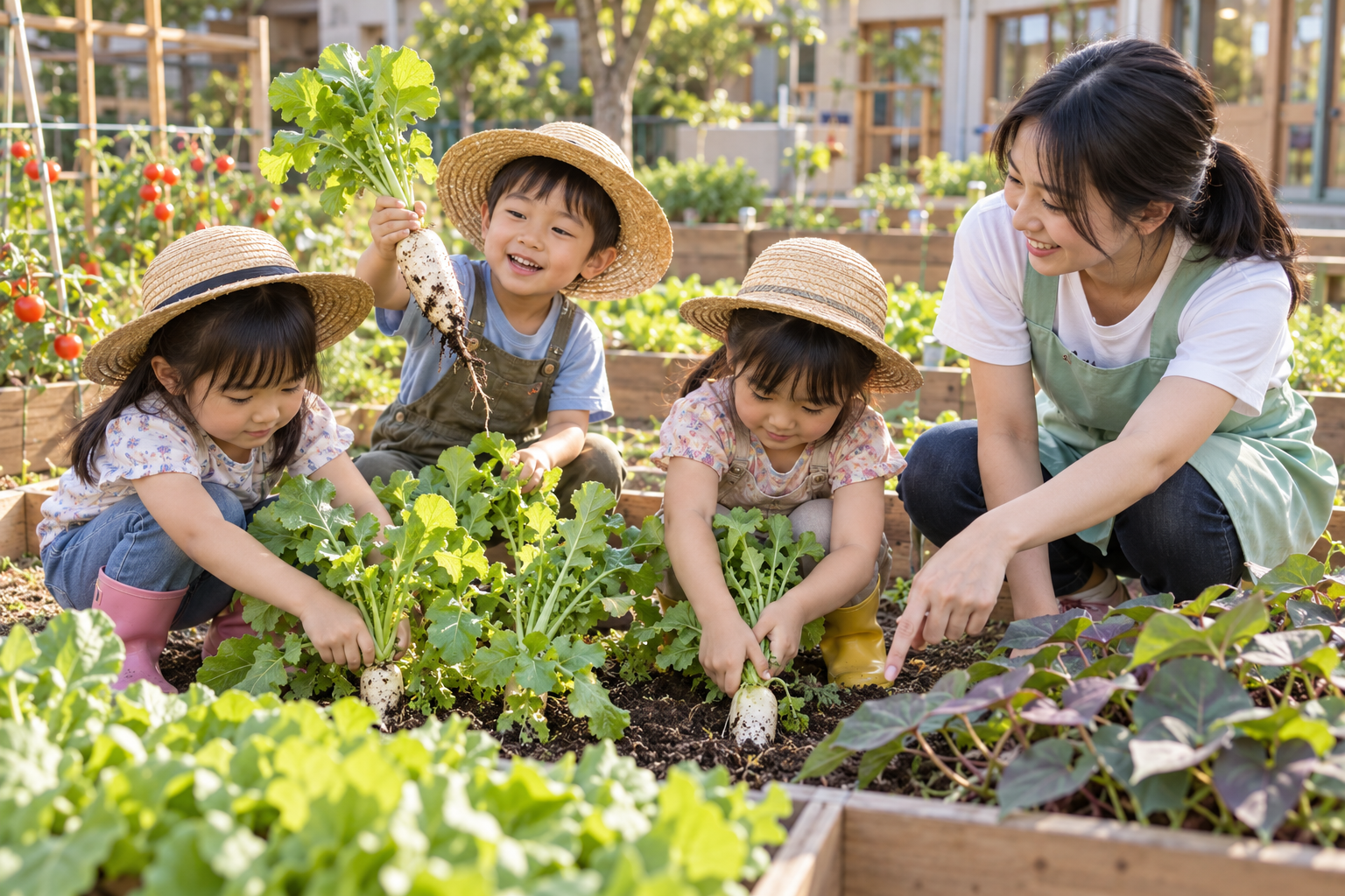 小菜園：孩子們戴草帽拔白蘿蔔，老師在旁邊指著土壤