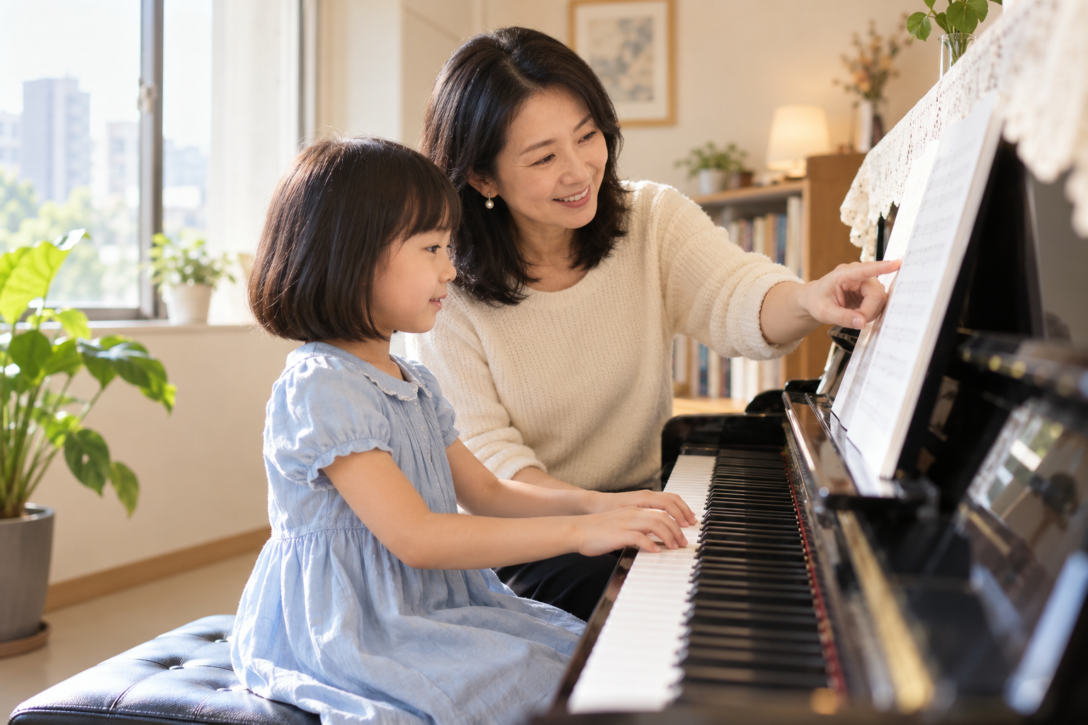 許晨安老師在琴房陪六歲小女孩上鋼琴課