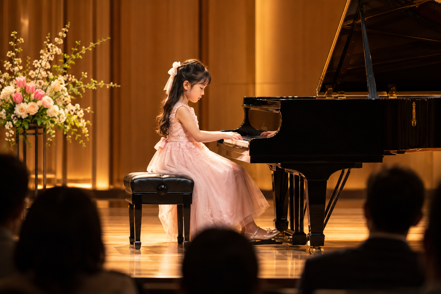 春季學生發表會上,穿粉色禮服的小女孩演奏平台鋼琴