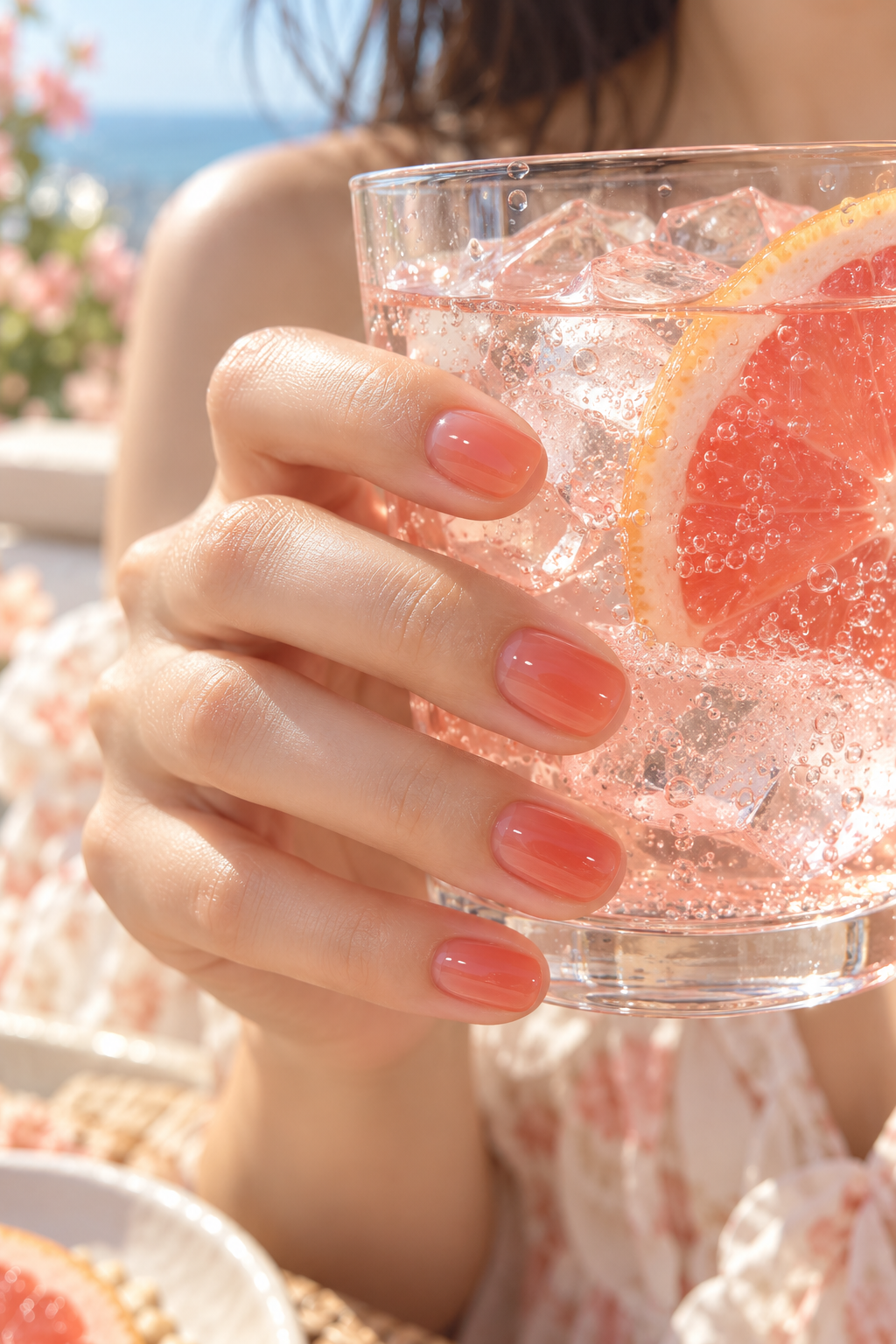 珊瑚色透明果凍感夏日美甲