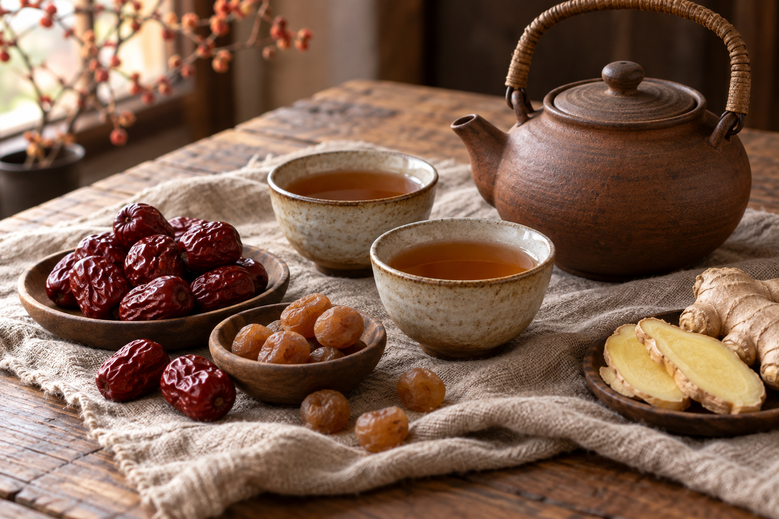 秋冬茶飲靜物:陶壺、紅棗、桂圓與薑片
