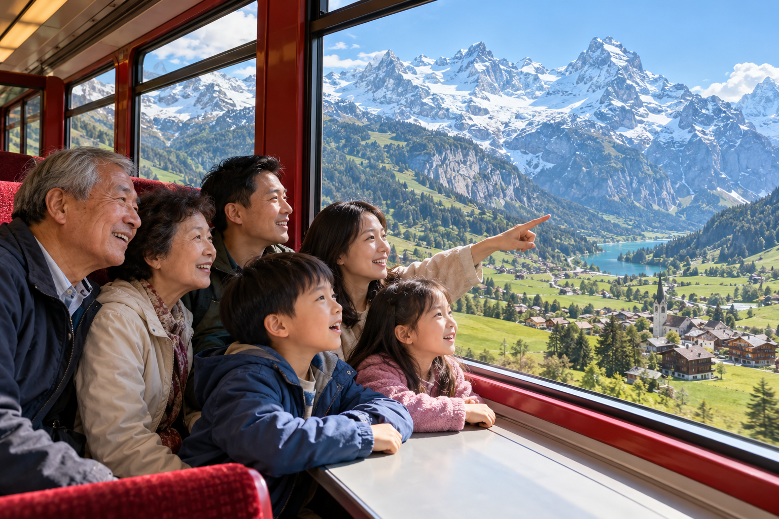 三代同行的家族坐在瑞士景觀火車窗邊看阿爾卑斯雪山