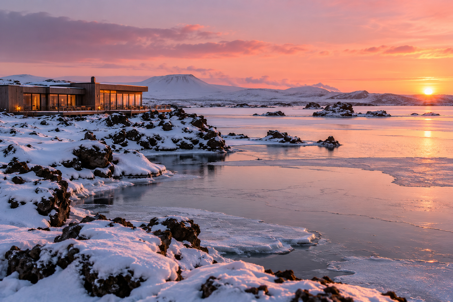 冬季米湖湖畔的北歐風旅館與雪中熔岩地形