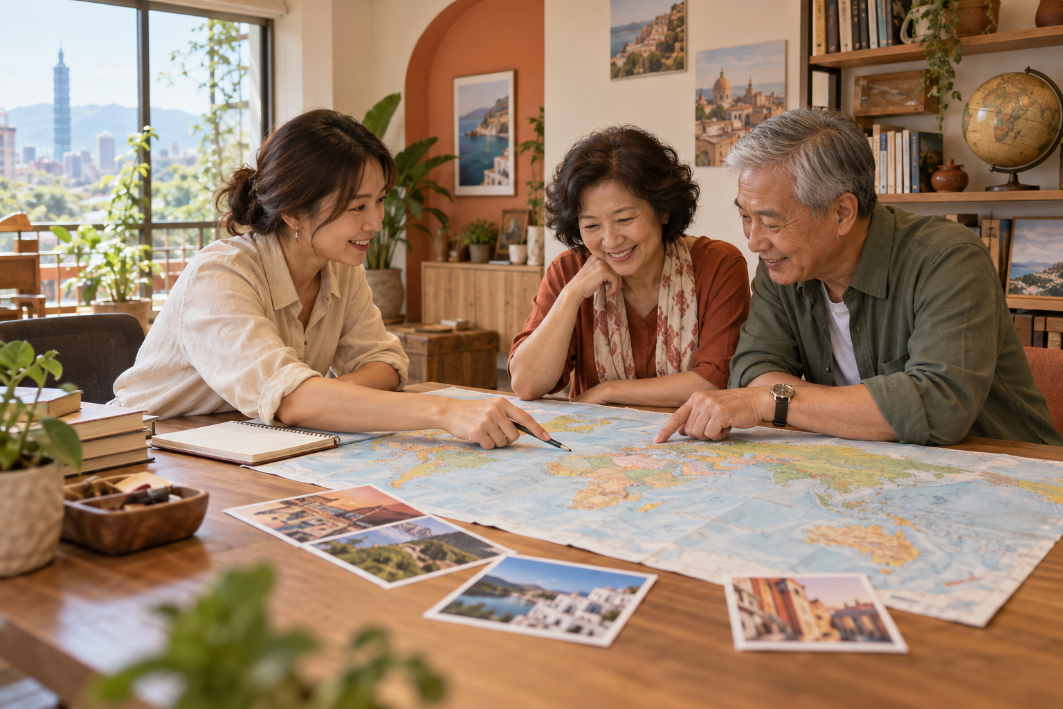 行遠旅行社門市裡，規劃師與退休夫妻圍著木桌看世界地圖