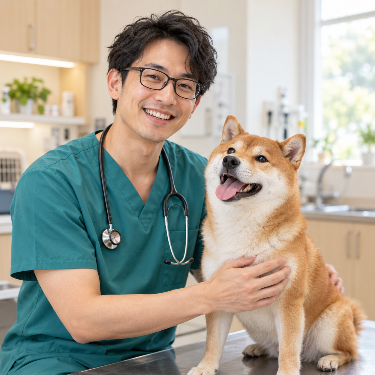 張育誠醫師與柴犬在診療台旁開心互動