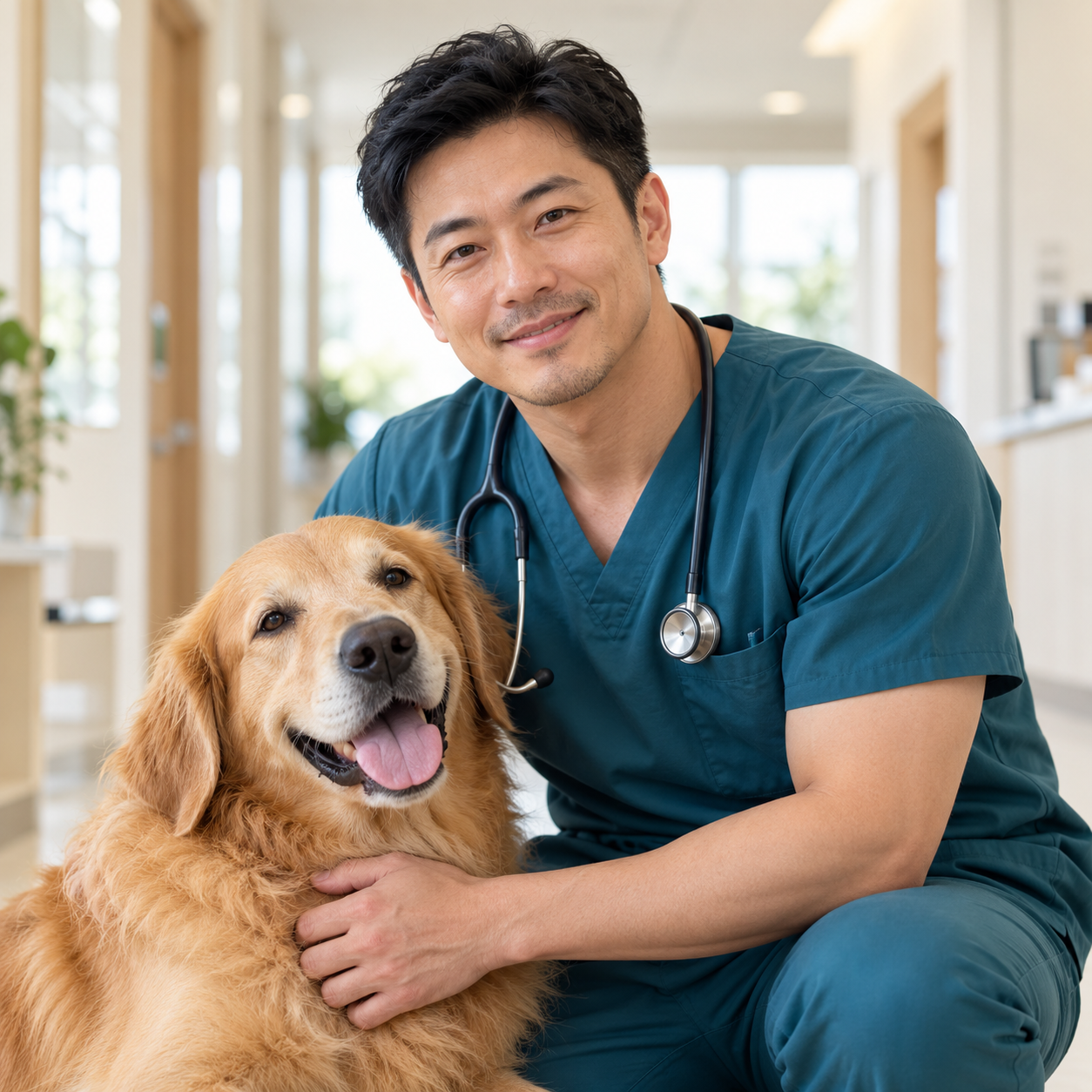 陳冠宇醫師蹲著摸黃金獵犬