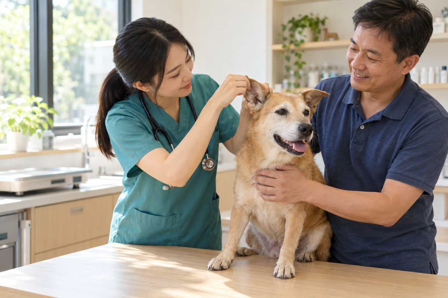 黃詩涵醫師為熟齡米克斯犬檢查耳朵,飼主在旁扶著