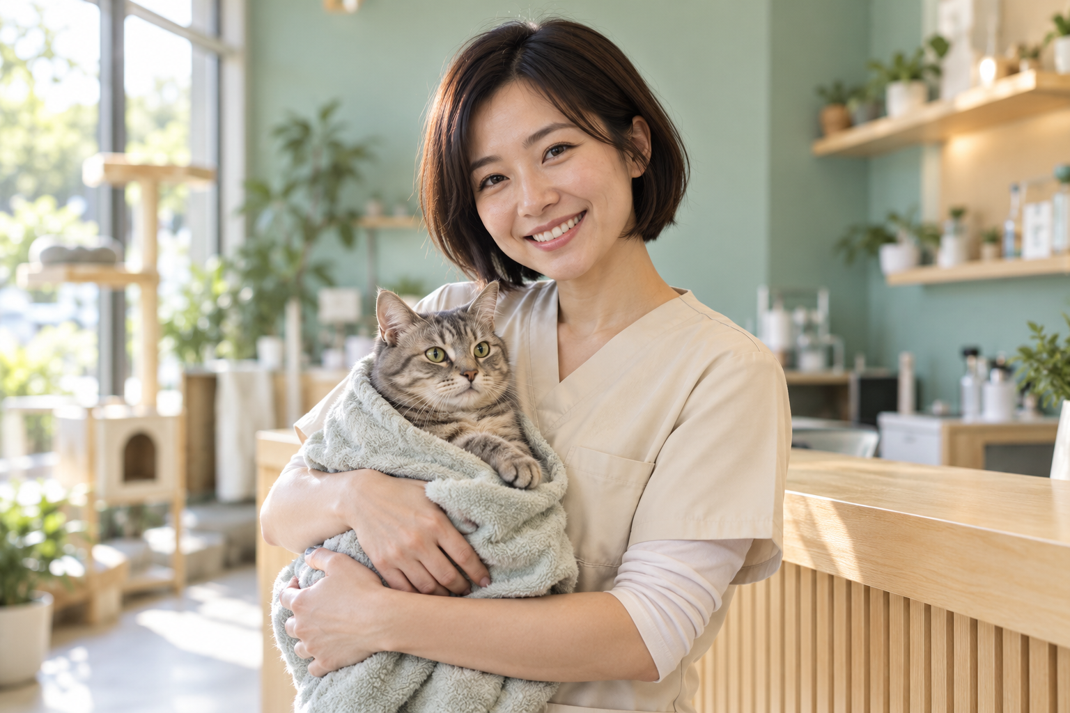 資深獸醫助理吳宜蓁在櫃台旁抱著用毛巾包著的虐斑貓